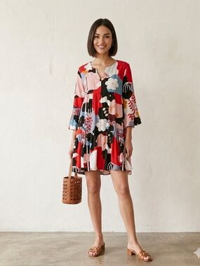 Shannon Passero Colorful 3/4 Sleeve Tiered Mini Dress Relaxed Fit